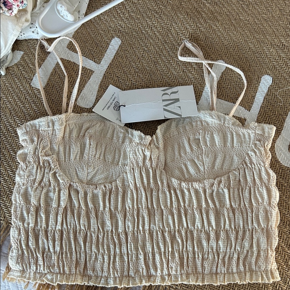 Zara Beige Textured Strappy Crop corset style Top in small with adj strap